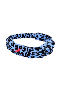 A soft blue with black floral leopard and lightning bolt print headband
