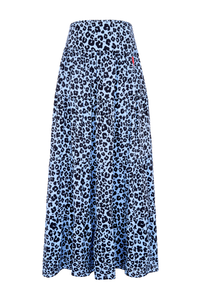 A soft blue with black floral leopard and lightning bolt print tiered maxi skirt