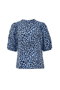 Soft Blue with Black Floral Leopard Pintuck Sleeve T-Shirt