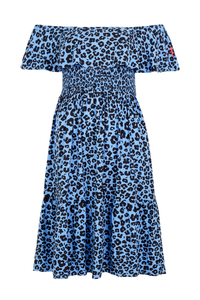 A soft blue with black floral leopard and lightning bolt short Bardot dress