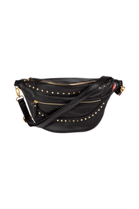 A black bum bag with intricate gold stud detailing, an adjustable strap, two front zips and gold hardware