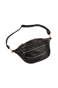 A black bum bag with intricate gold stud detailing, an adjustable strap and gold hardware