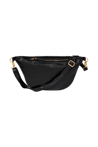 The back of a black bum bag with an adjustable strap, one zip and gold hardware