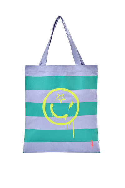 Scamp and Dude Lilac with Bright Green Stripe Smiley Tote Bag | Product image of green and purple stripey tote bag with yellow smiley face print