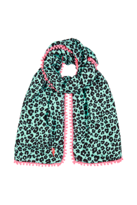 A turquoise with black floral leopard and lightning bolt print scarf with a neon pink pom pom trim