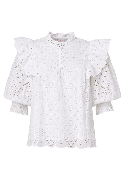 Scamp and Dude White Broderie Anglaise Frill Sleeve Blouse | Product image of frilly white blouse on white background