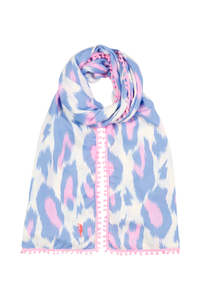 A white with pale blue and pale pink leopard ikat and lightning bolt print scarf with a pink pom pom trim
