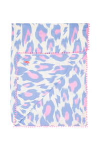 A folded white with pale blue and pale pink leopard ikat and lightning bolt print scarf with a pink pom pom trim