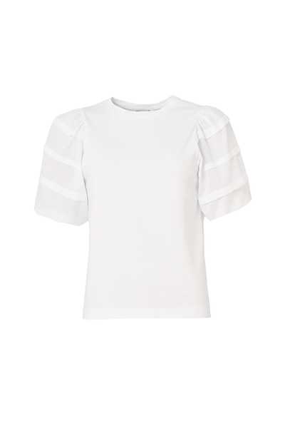  A plain white T-shirt with pintuck detailing on the sleeves 