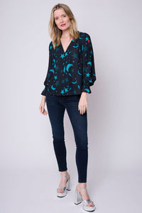 Black with Teal Moon & Star Print Button Through Top