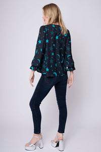 Black with Teal Moon & Star Print Button Through Top