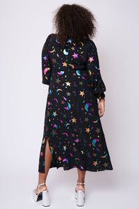 Black with Metallic Rainbow Foil Moon Star Midi Dress