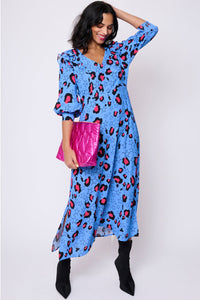 Blue with Pink Snow Leopard Star and Lightning Bolt Midi Dress