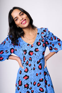Blue with Pink Snow Leopard Star and Lightning Bolt Midi Dress