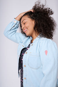 Pale Blue Wash Short Frill Collar Denim Jacket