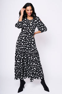 Black with White Star Tie Front Maxi Dress