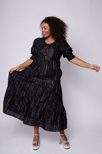 Black with Rainbow Lurex Tie Front Maxi Dress