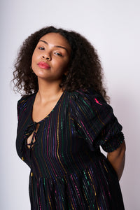 Black with Rainbow Lurex Tie Front Maxi Dress