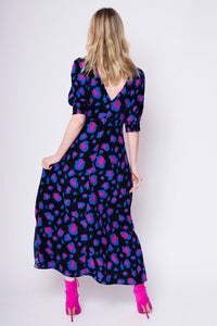 Black with Electric Blue and Pink Snow Leopard Midi Dress