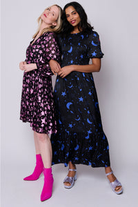 Black with Blue Moon Star and Lightning Bolt Maxi Dress