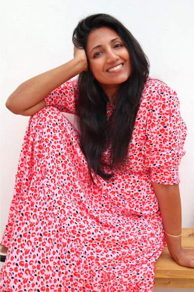 Adult Tiered Maxi Dress Pink with Red Leopard Print and Lightning