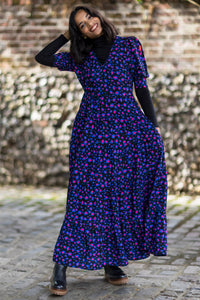 Black with Electric Blue and Pink Snow Leopard Maxi Dress