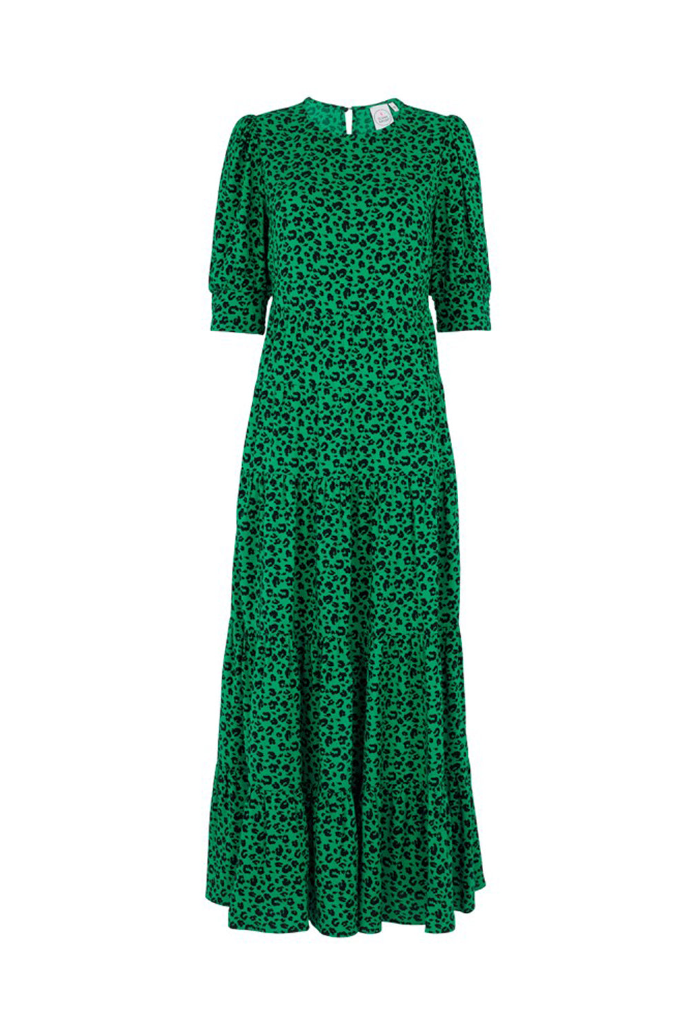 Adults Tiered Maxi Dress Bright Green with Black Leopard Print and Lightning Bolt Scamp Dude