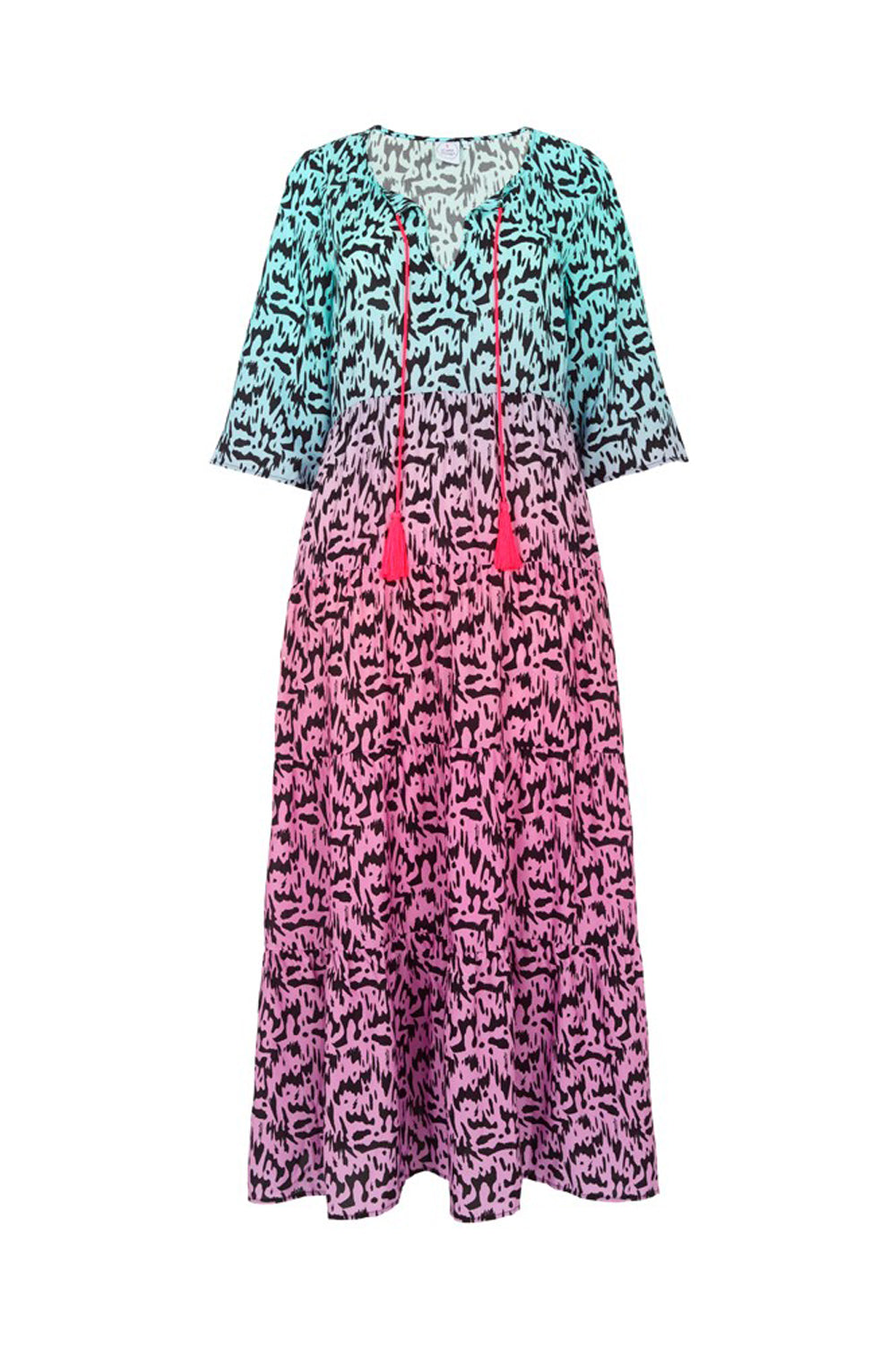 Scamp and Dude Rainbow Zebra Print Gradient Pink and Blue Maxi Dress | Product image of blue and pink gradient patterned maxi dress against white background   