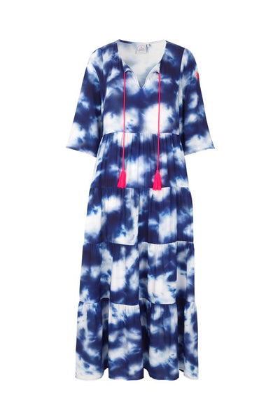 Scamp and Dude Navy Tie Dye Navy Sundress | Product image of navy tie dye maxi dress against white background  
