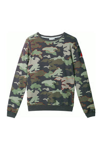 Khaki camouflage print sweatshirt with neon pink outlines, white hearts & a neon pink embroidered lightning bolt on the arm