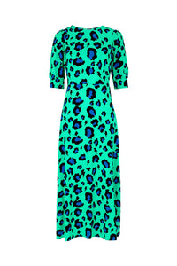 Green with Black and Blue Snow Leopard Midi Dress