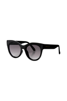 Black cat eye sunglasses with gradient smoke lenses and Scamp & Dude text and lightning bolt logo on the arms in peach