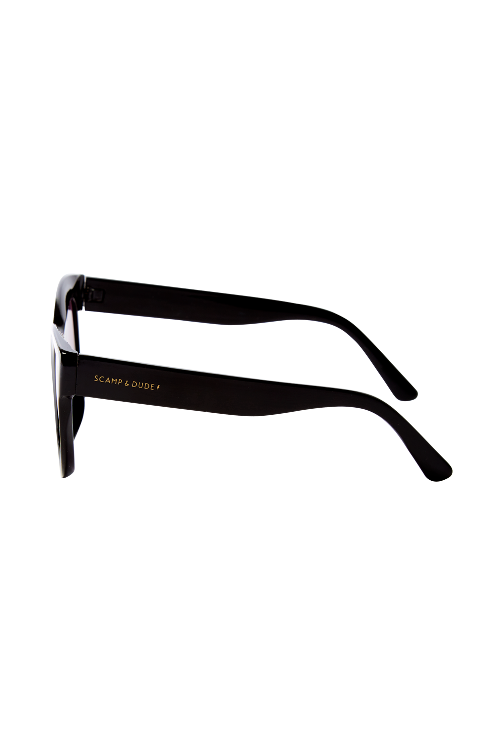Black cat eye sunglasses with Scamp & Dude text and lightning bolt logo on the arms in peach
