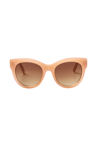 The front of peach cat eye sunglasses with gradient brown lenses
