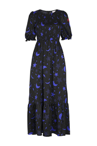 Black with Blue Moon Star and Lightning Bolt Maxi Dress