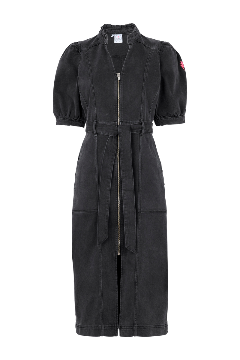 Washed Black Zip Detail Denim Dress