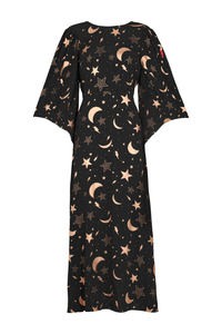 Black With Gold Foil Moon Star and Lightning Bolt Midi Dress