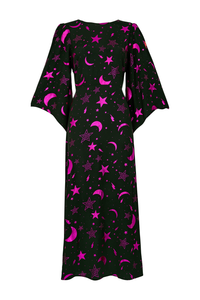 Black with Pink Foil Moon Star and Lightning Bolt Midi Dress