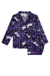 Black with Electric Blue and Pink Leopard and Star Satin Pyjamas