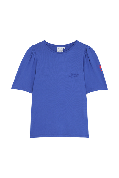 Blue pleated puff sleeve t-shirt with embroidered handwritten Scamp & Dude logo in blue & neon pink  lightning bolt on the arm