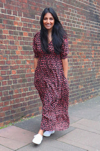 Black with Camel and Coral Snow Leopard Maxi Dress