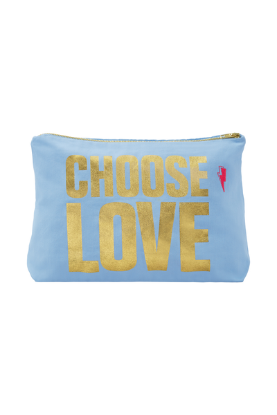 Scamp and Dude CHOOSE LOVE Chambray with Gold Foil Swag Bag | Product image of light blue make-up bag with gold foil spelling ' Choose Love '