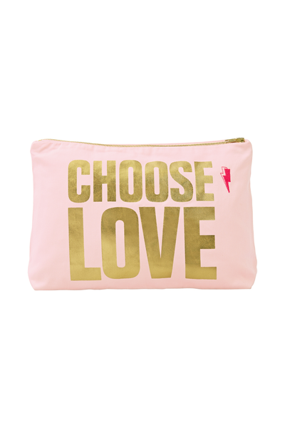 Scamp and Dude CHOOSE LOVE Pink with Gold Foil Swag Bag | Product image of light pink make-up bag spelling out Choose Love in gold foil