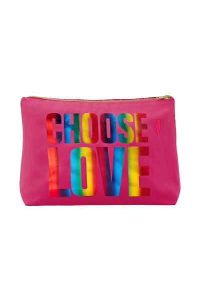 Scamp and Dude CHOOSE LOVE Pink with Metallic Rainbow Foil Swag Bag | Product image of bright pink make-up bag with rainbow foil spelling out Choose Love