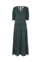 A grey with black and green snow leopard and lightning bolt print v-neck maxi dress