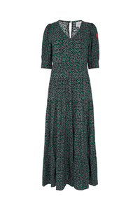 A grey with black and green snow leopard and lightning bolt print v-neck maxi dress