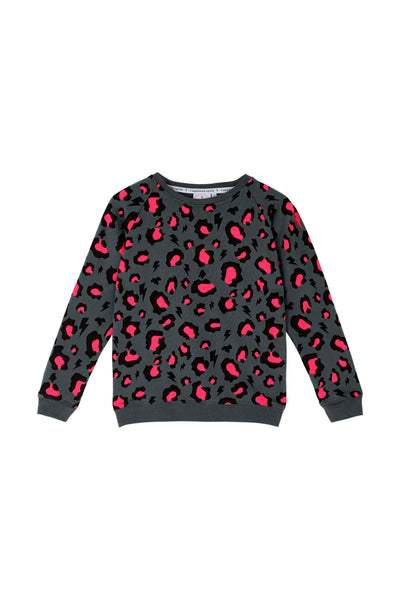 Scamp and Dude Dark Grey Kids Coral Leopard Print Sweatshirt | Product image of grey and pink leopard print sweatshirt on white background