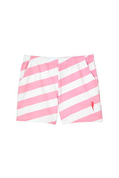 White & pink diagonal stripe shorts with an elasticated waist, pockets & a neon pink embroidered superpower button on the hip