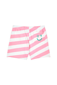 White & pink diagonal stripe shorts with  a winking star and lightning bolt smiley face in bright green on the back pocket