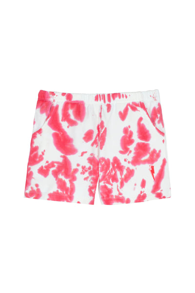 Coral and white tie dye shorts with an elasticated waist, pockets and a neon pink embroidered superpower button on the hip